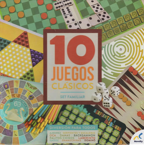 10 JUEGOS CLASICOS SET FAMILIAR (AJEDREZ, SERPIENTES Y ESCALERAS, OCA, DAMAS, BACKGAMMON, PALITOS CHINOS, LABERINTO, DADOS, DAMAS CHINAS, DOMINO)